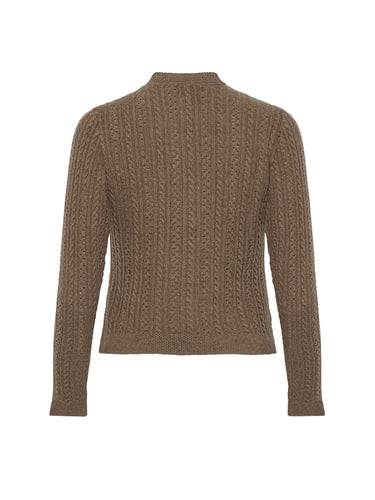 Rückseite Strickjacke mit vielen Zöpfen